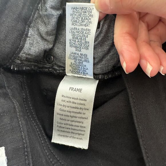 Frame Jet Black Denim Le Skinny de Jeanne Distressed Jean Mid-Rise Raw Hem 27 - Picture 10 of 15